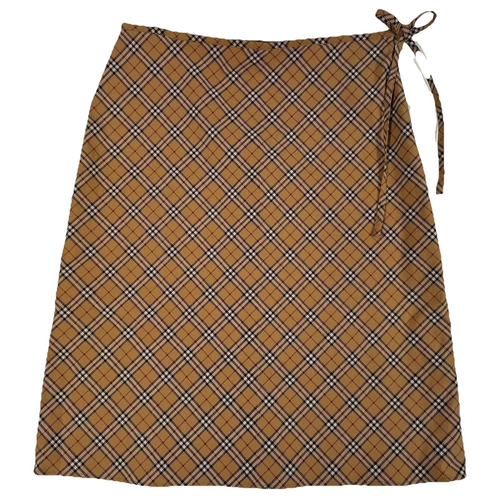 Bedo Tan Plaid Wrap Midi Skirt Side Tie A-Line Check Print Size 11 Quiet Luxury